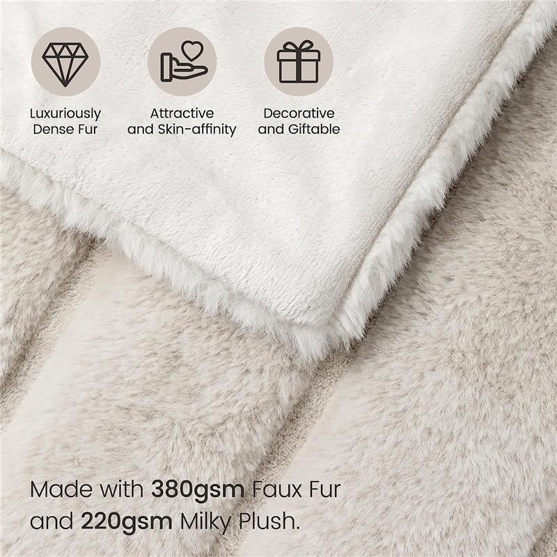 Luxury Super Soft Striped Faux Fur Throw Blanket for Couch, 50"X60" Beige, Warm Milky Plush (Stripe-Beige) Comfy Blankets