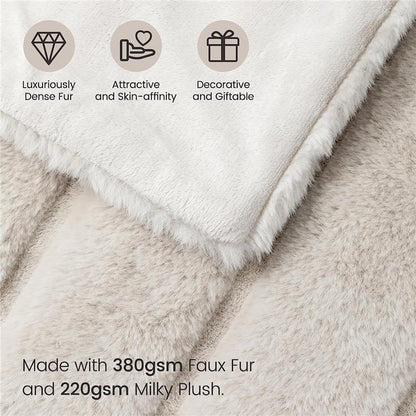 Luxury Super Soft Striped Faux Fur Throw Blanket for Couch, 50"X60" Beige, Warm Milky Plush (Stripe-Beige) Comfy Blankets
