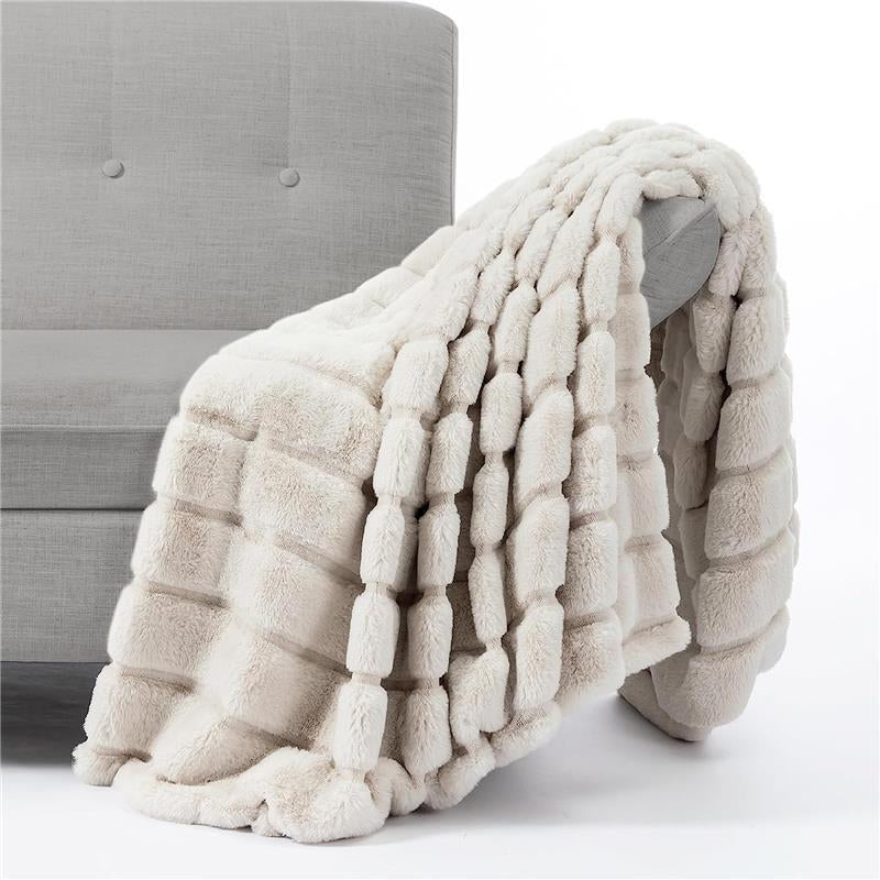 Luxury Super Soft Striped Faux Fur Throw Blanket for Couch, 50"X60" Beige, Warm Milky Plush (Stripe-Beige) Comfy Blankets