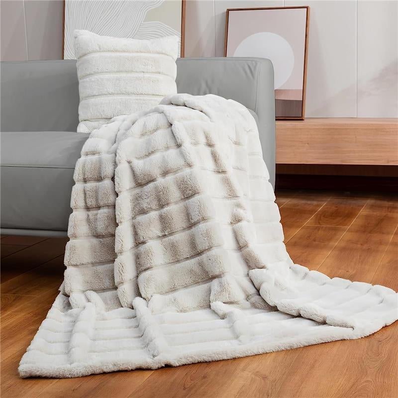 Luxury Super Soft Striped Faux Fur Throw Blanket for Couch, 50"X60" Beige, Warm Milky Plush (Stripe-Beige) Comfy Blankets