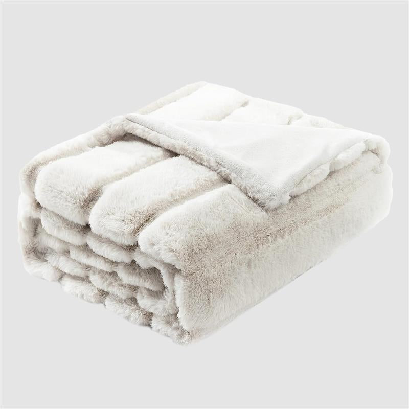 Luxury Super Soft Striped Faux Fur Throw Blanket for Couch, 50"X60" Beige, Warm Milky Plush (Stripe-Beige) Comfy Blankets