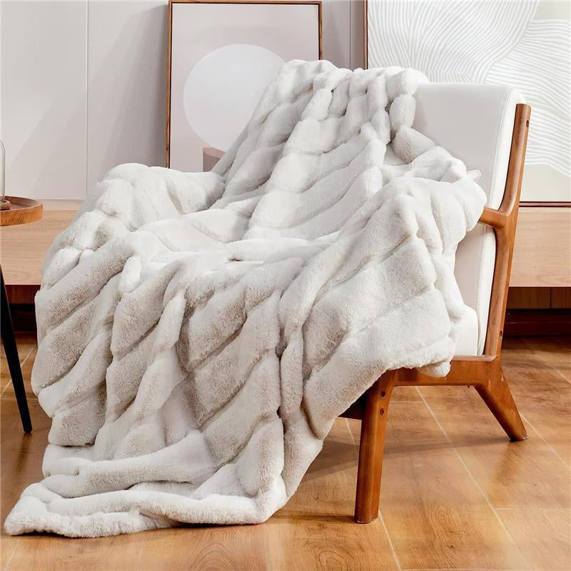 Luxury Super Soft Striped Faux Fur Throw Blanket for Couch, 50"X60" Beige, Warm Milky Plush (Stripe-Beige) Comfy Blankets